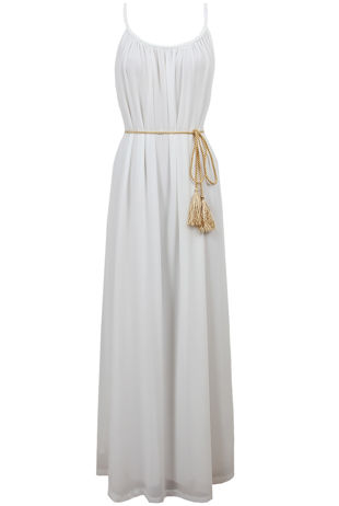 Cream Pleated Rope Belt Detail Maxi Dress