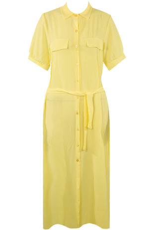 Yellow Short Sleeve Belted Shirt Dress