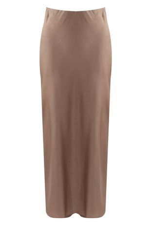 Taupe Satin High Waist A-Line Maxi Skirt