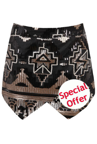 Black With Gold Detail Side Zip Up Sequin Skorts Hotpants Shorts