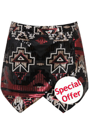 Black With Wine Detail Side Zip Up Sequin Skorts