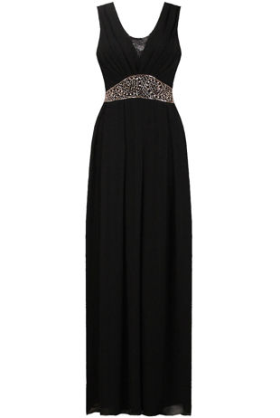 Black Front Lace Pleated Trimming Back Tie Up Maxi Dress