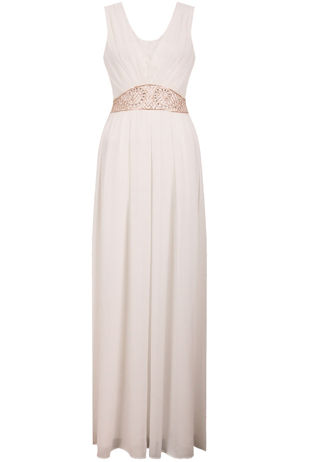 White Front Lace Pleated Trimming Back Tie Up Maxi Dress