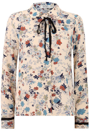 Beige Floral Print Pussybow Shirt