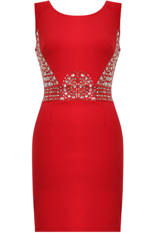 Red Gem Trim Tight Fitting Evening Dress