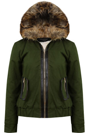 Khaki Fur Hooded Side Pocket Bomber Jacket