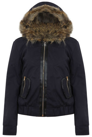  Fur Hooded Side Pocket Navy Bomber Jacket