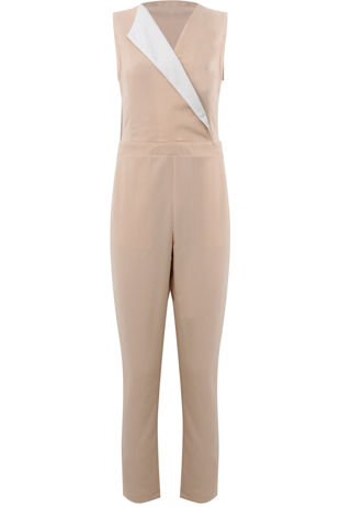 Contrast Lapel Jumpsuit In Beige