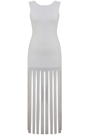  Cream Fringe Detail Open Back Maxi Dress