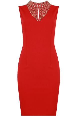 Red Stone Textured Front Cut Out Bodycon Dress