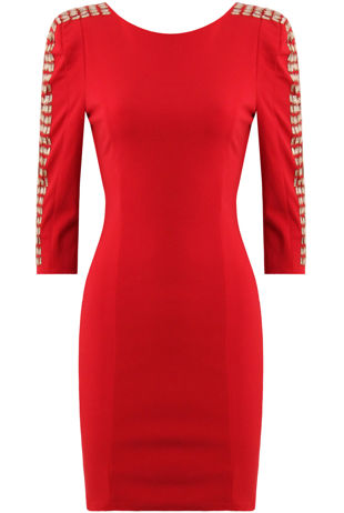 Jewel Embellished Long Sleeve Red Bodycon Dress