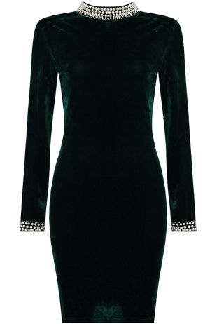 Black and Green Pearl Velvet Textured Bodycon Dress