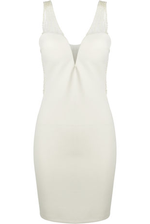 White Pearl Embellished Bodycon Dress 