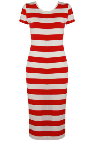 Red Stripe Short Sleeves Midi Dress 