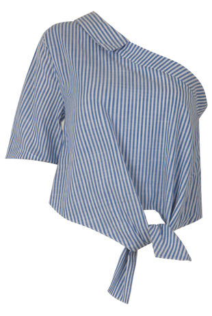 One Shoulder Tie Front Top In Light Blue Stripe