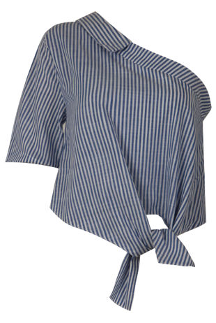 One Shoulder Tie Front Top In Dark Blue Stripe