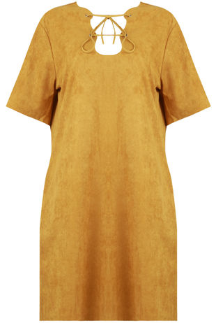 Mustard Suede Lace Tie Up Shift Dress