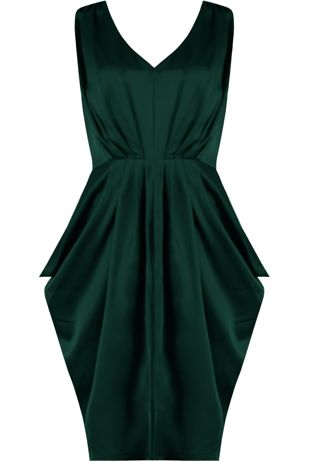 Green Satin V Neck Dress With Graduated Pleats