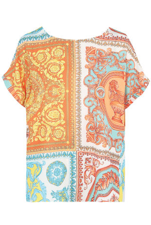 Orange Scarf Print Round Neck Blouse
