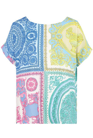 Blue Scarf Print Round Neck Blouse