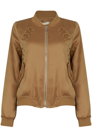 Beige Eyelets Detail Bomber Jacket