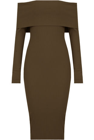 Khaki Bardot Fold Over Midi Dress
