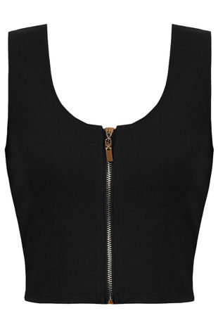 Black Front Metal Zip Detailed Tops