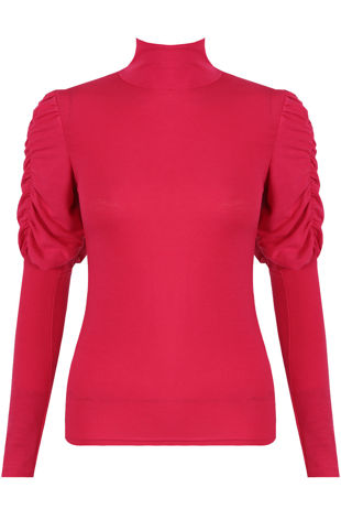 Fuchsia Pleated Trim Sleeve High Neck Jumper