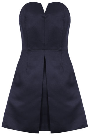 Navy Front Pleated Detail Side Pocketed Bandeau Dress