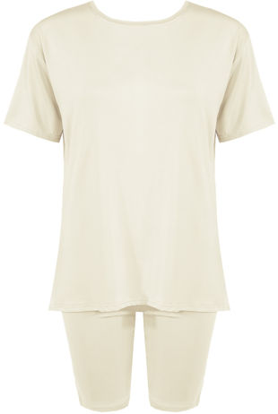 Cream Plain Round Neck Cycling Shorts Loungewear Set