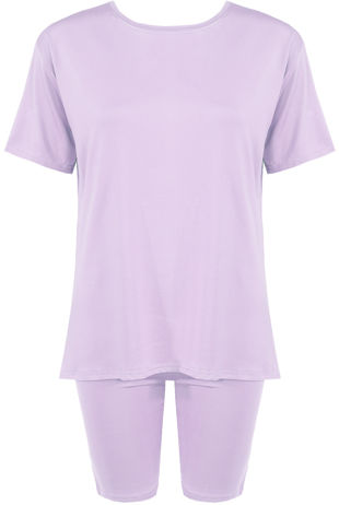 Lilac Plain Round Neck Cycling Shorts Loungewear Set