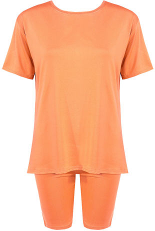 Orange Plain Round Neck Cycling Shorts Loungewear Set 