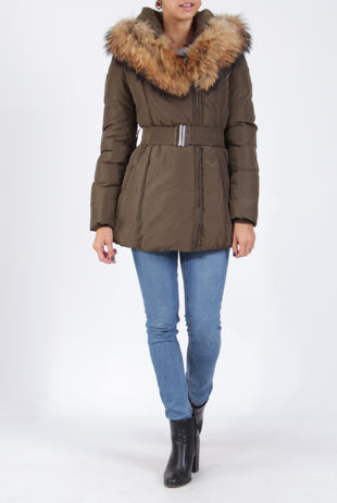 Khaki Hooded Belted Puffer Jacket With Fur Trim