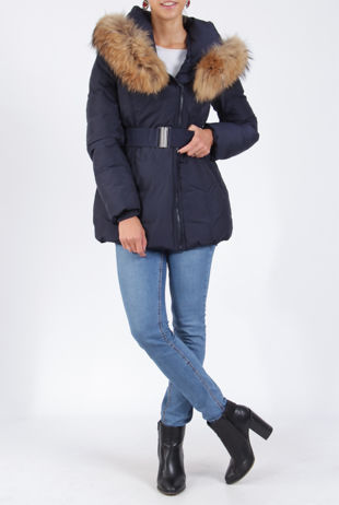 Navy Hooded Belted Puffer Jacket With Fur Trim