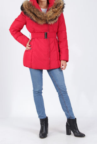 Red Hooded Belted Puffer Jacket With Fur Trim