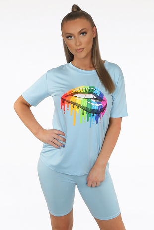 Sky Blue Lips Print Round Neck Tees & Shorts Set