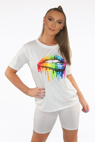 Lips Print Round Neck White Tees & Shorts Set