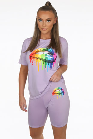 Lips Print Round Neck Lilac Tees & Shorts Set