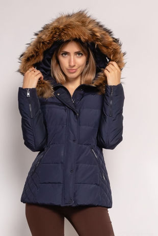Navy Hooded Quilted Puffer Jacket With Fur Trim