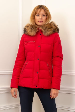 Red Hooded Quilted Puffer Jacket With Fur Trim