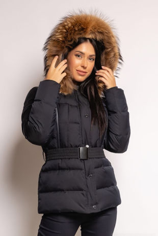 Navy Zip Front Belted Puffer Coat With Fur Trim