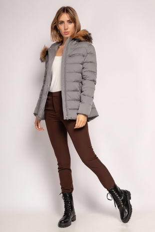 Grey Fitted Puffer Jacket With Fur Trim