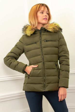 Khaki Fitted Puffer Jacket With Fur Trim