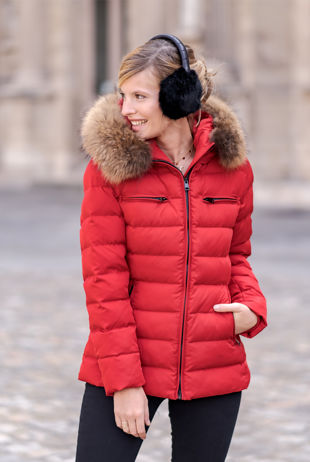 Red Fitted Puffer Jacket With Fur Trim