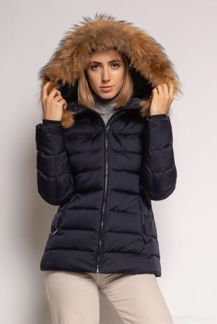 Navy Fitted Puffer Jacket With Fur Trim