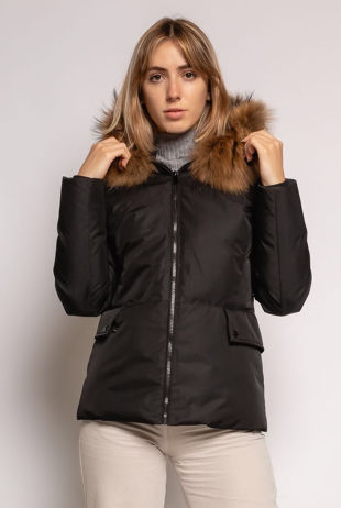 Black Fur Trim Hooded Jacket