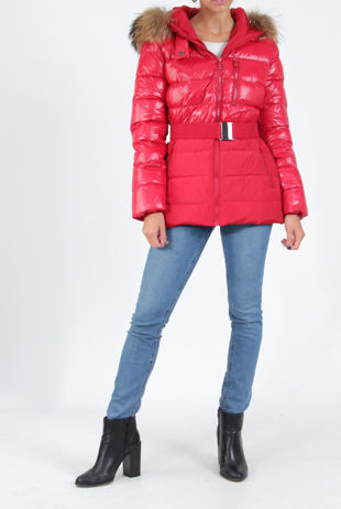 Red High Shine Belted Puffer Coat With Fur Trim
