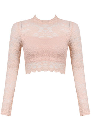 Pink Long Sleeve Lace Crop Top