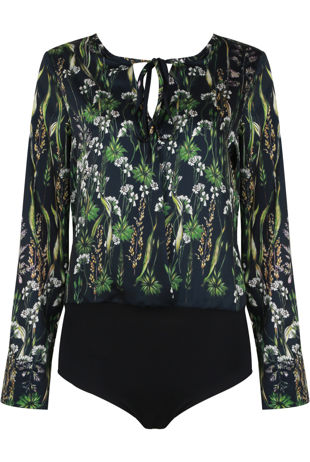 Navy Printed Tie Neck Bodysuits