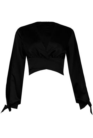 Black Satin Open Sleeve Wrap Crop Top 